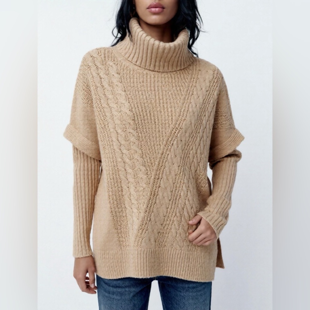 Simply Vera Vera Wang Cable Knit Turtleneck Drop Shoulder Sweater Tan Sz XS/S